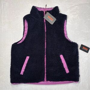 Bass Outdoors Reversible Vest Jacket Women M Zip Front Sherpa Navy Blue Pink NWT